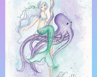 Carousel Octopus Mermaid Print from Original Watercolor Painting by Camille Grimshaw