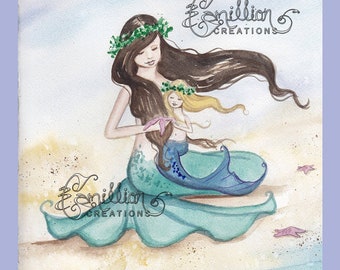 Pink Starfish Mermaid & Daughter Print from Original Watercolor Painting by Camille Grimshaw Art