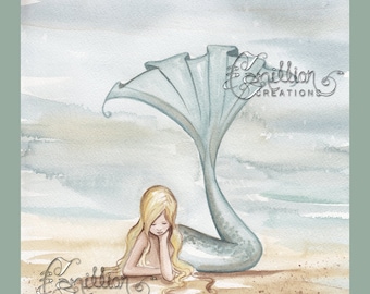 BEACH TURTLE Mermaid Print from Original Painting By Camille Grimshaw