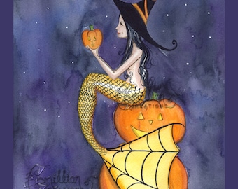 Jack-o-Lantern Witch Mermaid from Original Watercolor Painting by Camille Grimshaw Art