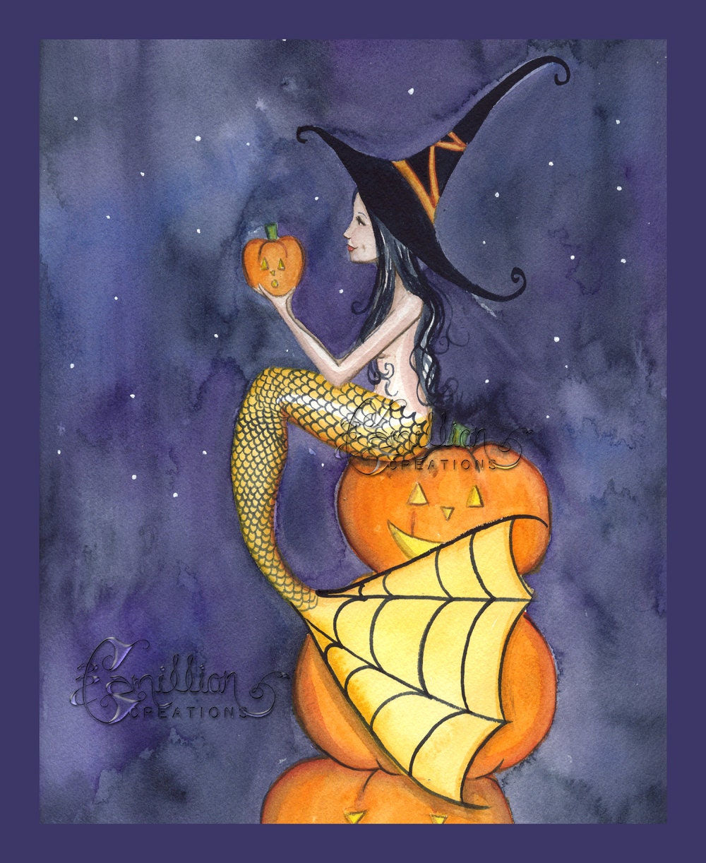Jack-o-lantern Witch Mermaid From Original Watercolor  display picture 1