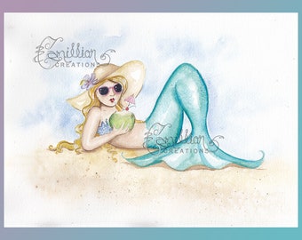 Somewhere Warm Mermaid  Print from Original Watercolor Painting by Camille Grimshaw