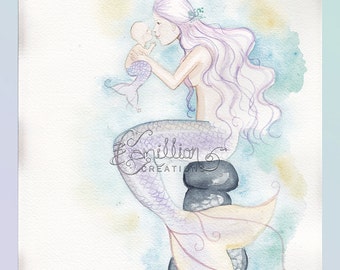 So Much Love Mermaid and Baby Print from Original Watercolor Painting by Camille Grimshaw