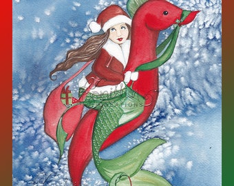 Christmas Ride Mermaid Print from Original Watercolor Painting by Camille Grimshaw