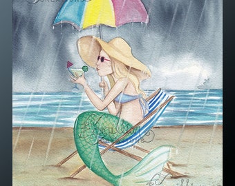 Rain Drops in My Margarita Mermaid Print from Original Watercolor Painting by Camille Grimshaw