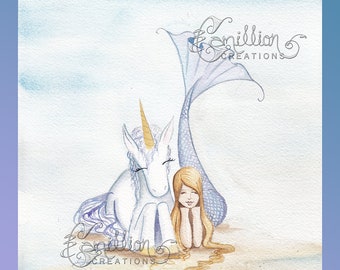 The Beach Makes Me Happy Mermaid and Unicorn from Original Watercolor Painting by Camille Grimshaw