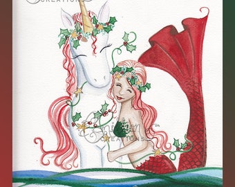 Blank Christmas MERMAID & Unicorn Note Cards from Original Watercolors by Camille Grimshaw
