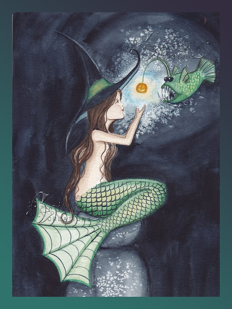 Little Kitty Witch Mermaid print from Original Painting By Grimshaw Halloween
