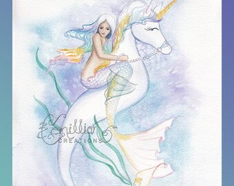 Rainbow Seahorse Mermaid & Unicorn Print from Original Watercolor Painting by Camille Grimshaw