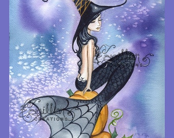 Pumpkin Stack Mermaid  Witch from Original Watercolor Painting by Camille Grimshaw