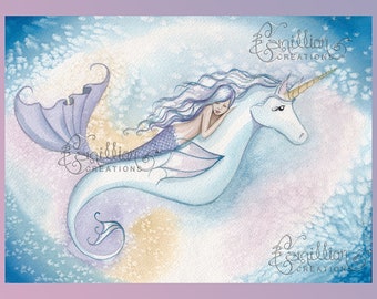 Magic Sea Mermaid and Unicorn from Original Watercolor Painting by Camille Grimshaw