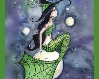 Bubble Magic Mermaid Witch from Original Watercolor Painting by Camille Grimshaw