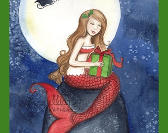 Christmas Eve Mermaid Print from Original Watercolor Painting by Camille Grimshaw