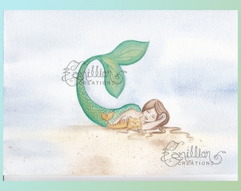 Cat Nap Mermaid Print from Original Watercolor Painting by Camille Grimshaw