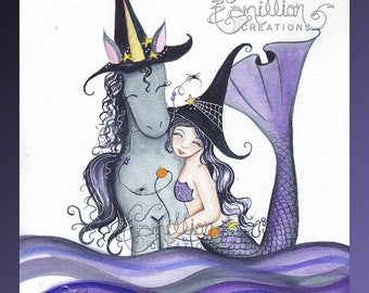 Fansea Mermaid Witch and Unicorn Original Watercolor Painting by Camille Grimshaw