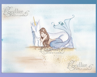 Sleepy Mermaid and Unicorn from Original Watercolor Painting by Camille Grimshaw