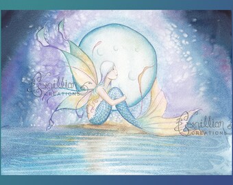 Fairy Moon Mermaid Print from Original Watercolor Painting by Camille Grimshaw Mermaid Art