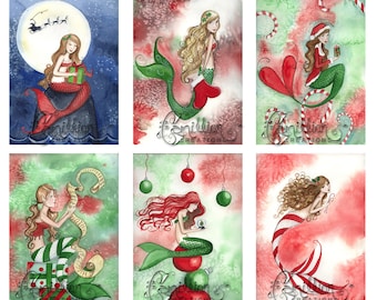 Blank Christmas 3 MERMAID Note Cards from Original Watercolors by Camille Grimshaw