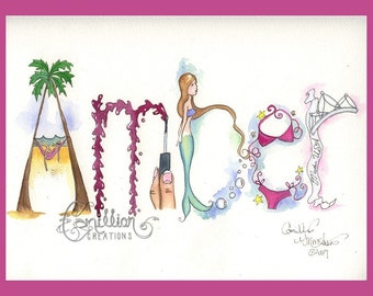 5 Letter Personalized Name Art Illustration Original Watercolor Painting Drawing by Camille Grimshaw