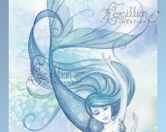 Blue Ocean Mermaid Print from Original Watercolor Painting by Camille Grimshaw