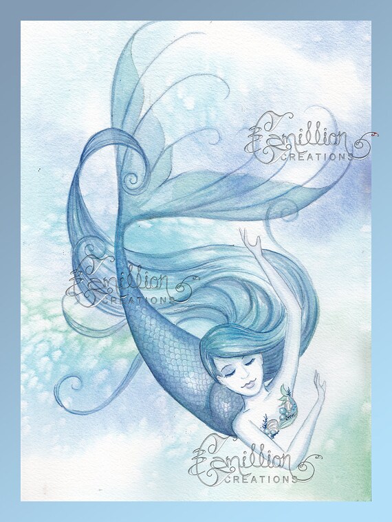FIVE MERMAIDS BLUE Family Print from Original Painting By Camille Grimshaw