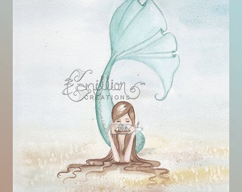 Trapped Ship in a Bottle Mermaid Print from Original Watercolor Painting by Camille Grimshaw