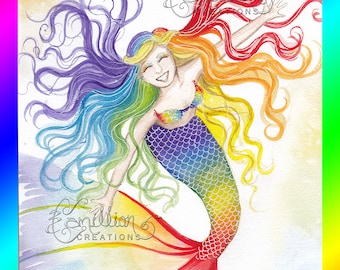 Feeling Rainbowee Mermaid Print from  Original Watercolor Painting by Camille Grimshaw