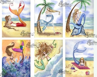 Blank Summer MERMAID Note Cards from Original Watercolors by Camille Grimshaw