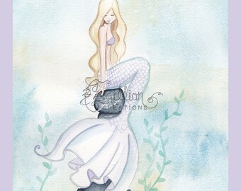 Moment of Quiet Mermaid Print  from Original Watercolor Painting by Camille Grimshaw