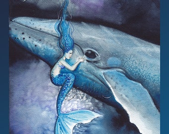 Mermaid and Whale Print from Original Watercolor Painting by Camille Grimshaw