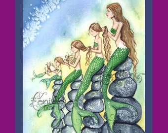 Five Mermaids Family Print from Original Watercolor Painting by Camille Grimshaw