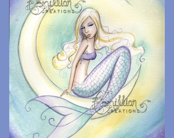 Mermaid on the Moon Print from Original Watercolor Painting by Camille Grimshaw