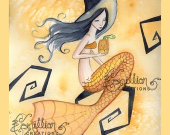 Little Pumpkin Mermaid  Witch from Original Watercolor Painting by Camille Grimshaw