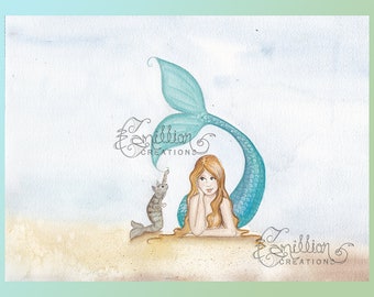 Playful Kitty Mermaid Print from Original Watercolor Painting by Camille Grimshaw