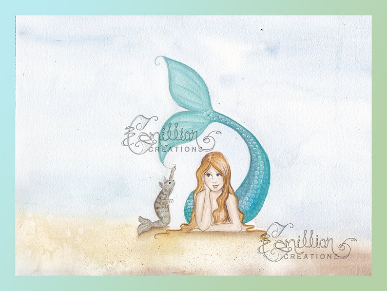 Playful Kitty Mermaid Print from Original Watercolor Painting by Camille Grimshaw image 1