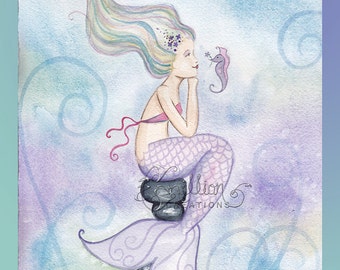 Forget Me Not Mermaid Print from Original Watercolor Painting by Camille Grimshaw