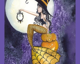 Syrena czarownica z zegarem z oryginalnego malarstwa akwarelowego przez Camille Grimshaw