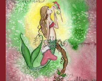 Candy Canes Mermaid Print from Original Watercolor Painting by Camille Grimshaw