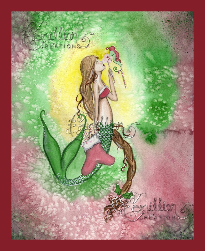 Candy Canes Mermaid Print from Original Watercolor Painting by Camille Grimshaw image 1