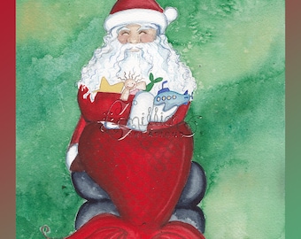 Santa Mermaid Print from Original Watercolor Painting by Camille Grimshaw