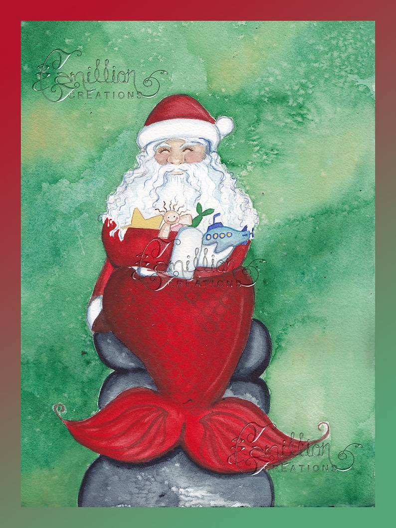 Santa Mermaid Print from Original Watercolor Painting by Camille Grimshaw image 1