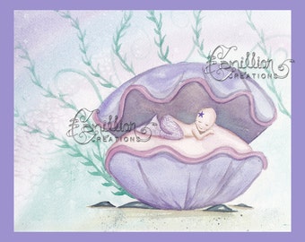 Baby Mermaid Print from Original Watercolor Painting by Camille Grimshaw