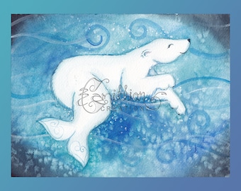 Mermaid Polar Bear Original Watercolor Painting by Camille Grimshaw