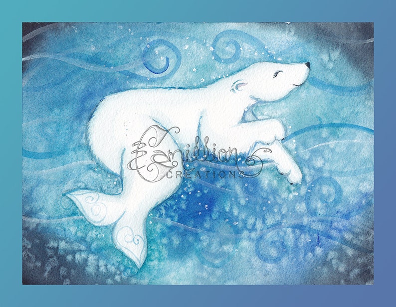 Mermaid Polar Bear Original Watercolor Painting by Camille Grimshaw image 1