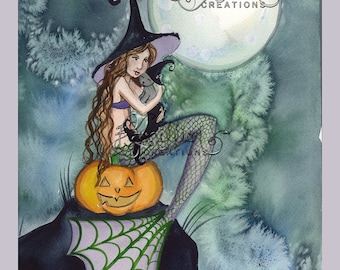 Little Kitty Mermaid Witch from Original Watercolor Painting by Camille Grimshaw