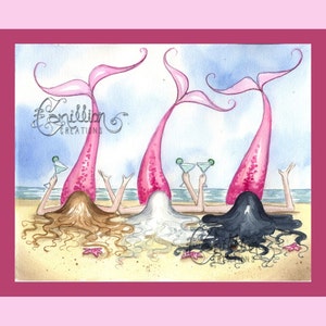3 Beached Mermaids  Print from Original Watercolor Painting by Camille Grimshaw