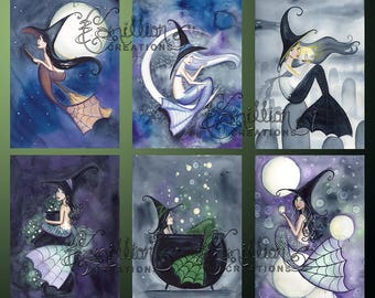 Witch 3 MERMAIDS Halloween Blank Note Cards from Original Watercolors by Camille Grimshaw