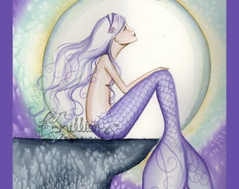 Celestial Night Mermaid and Moon Print  from Original Watercolor Painting by Camille Grimshaw