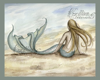 Seaside Mermaid Print from Original Watercolor Painting by Camille Grimshaw