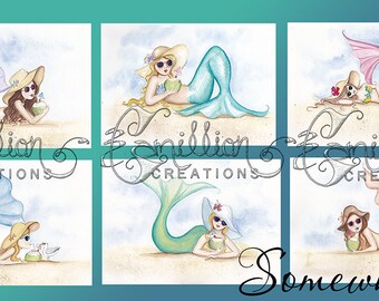 Somewhere on the Beach MERMAIDS Note Cards from Original Watercolors by Camille Grimshaw